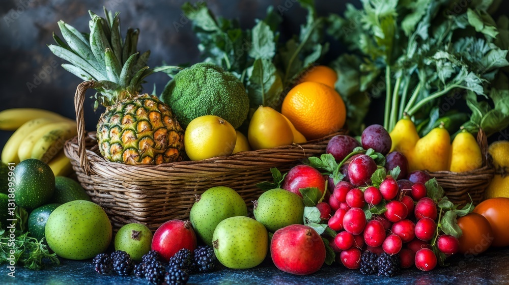Vibrant assortment of fresh fruits and vegetables displayed on a rustic wooden table, featuring colorful organic produce including apples, oranges, grapes, tomatoes, peppers, and leafy greens for a he Vibrant assortment of fresh fruits and vegetables displayed on a rustic wooden table, featuring colorful organic produce including apples, oranges, grapes, tomatoes, peppers, and leafy greens for a he