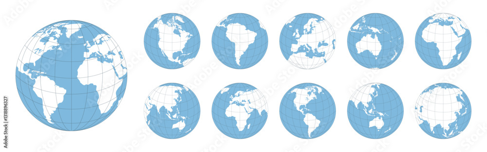 World globe maps set. Europe, Asia, North and South America, Oceania, Africa globe maps. Earth globe icons isolated on white background. Minimalist 3D globe icons set with grid. Vector illustration. World globe maps set. Europe, Asia, North and South America, Oceania, Africa globe maps. Earth globe icons isolated on white background. Minimalist 3D globe icons set with grid. Vector illustration.
