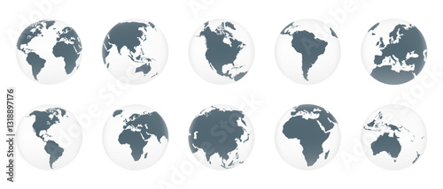 World globes icons. Europe, Asia, North America, South America, Oceania, Africa globe maps. 3d Earth globe icons isolated on white background. Vector illustration.
