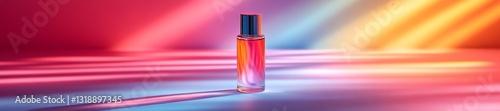 A holographic perfume bottle reflecting vibrant rainbow colors on a pastel background. Generative AI photo