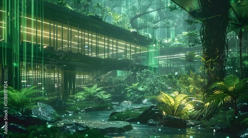 Futuristic Rainforest with Bioluminescent Plants and Crystal Trees