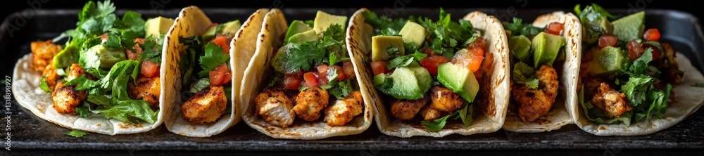 Fresh chicken tacos with avocado cilantro and salsa on a tray. Generative AI Fresh chicken tacos with avocado cilantro and salsa on a tray. Generative AI