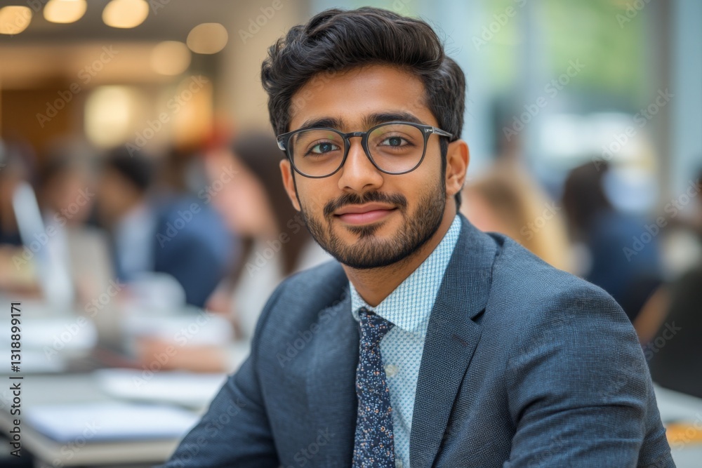 Young professional in a suit smiling confidently during a business meeting in a modern office setting Young professional in a suit smiling confidently during a business meeting in a modern office setting
