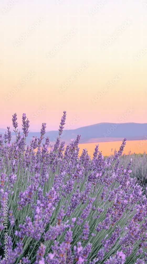 Obraz premium Serene Lavender Field Under Soft Sunset Sky in Pastel Hues
