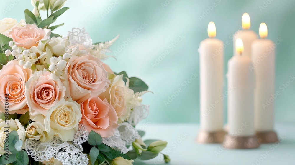 Obraz premium Table decoration and centerpiece concept. A delicate bouquet of pastel roses next to softly glowing candles, creating a serene and romantic atmosphere.