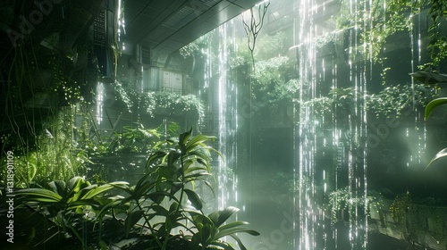 Futuristic Rainforest with Bioluminescent Plants and Crystal Trees