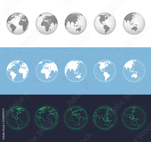 Icons set of 3D globes in three different styles: grayscale, vintage blueprint, and futuristic neon. North America, South America, Europe, Asia, Africa, Oceania globes icons. Vector illustration