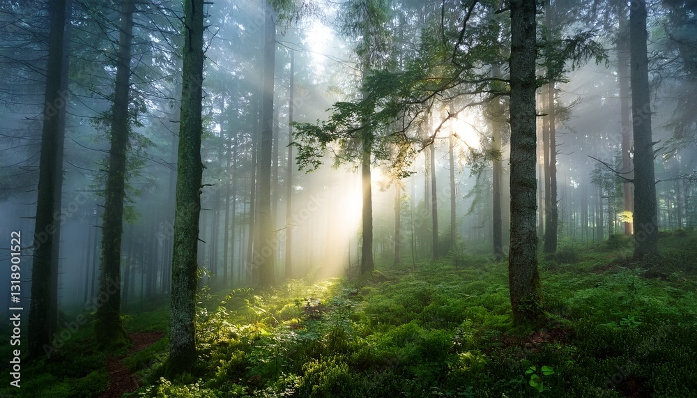 Obraz premium Misty forest in the early morning, soft light filtering through dense fog, creating a magical and serene environment.