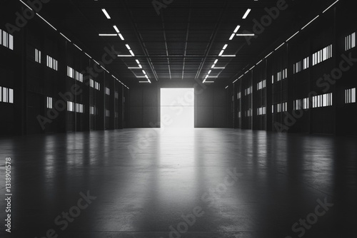 Open warehouse space with bright light at the far end during early morning hours