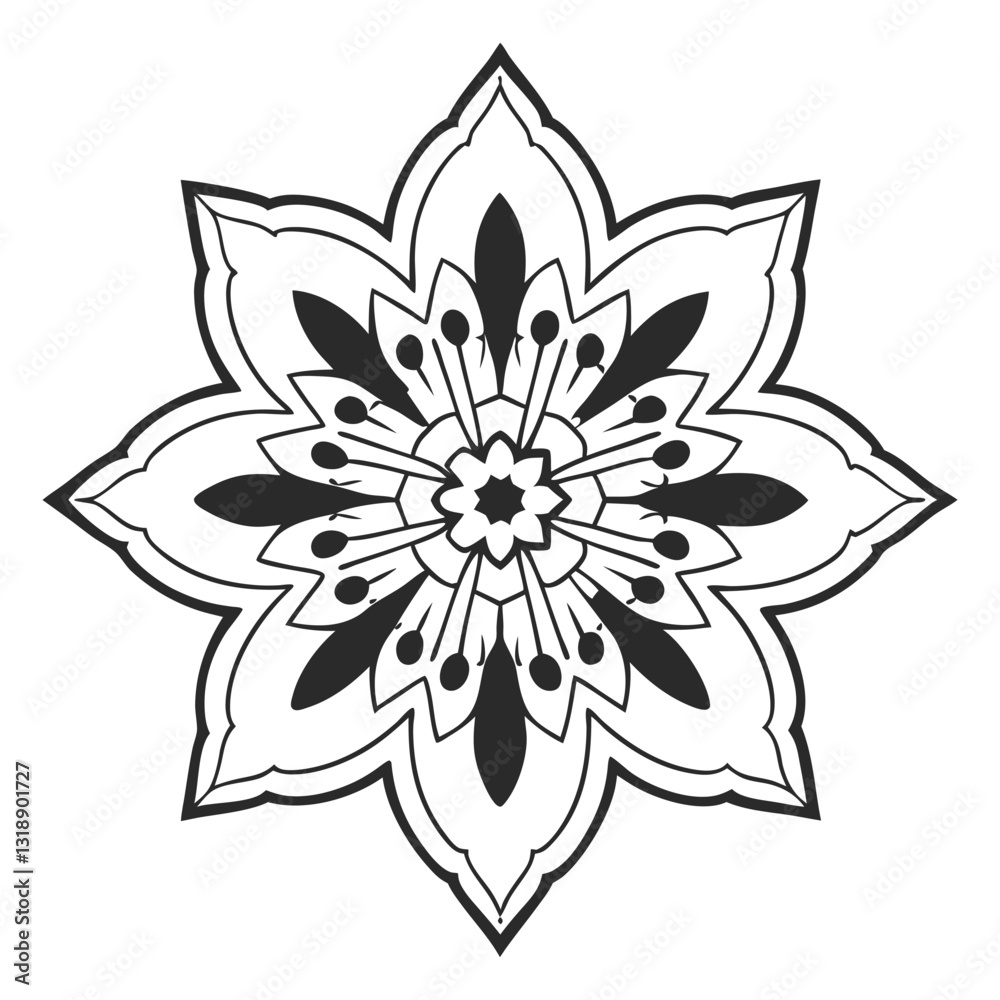 
A minimalist mandala with a central circular motif,
 surrounded by concentric layers of simplistic shapes like squares, triangles,
 and petals. The black line art is clean and bold,
 standing against