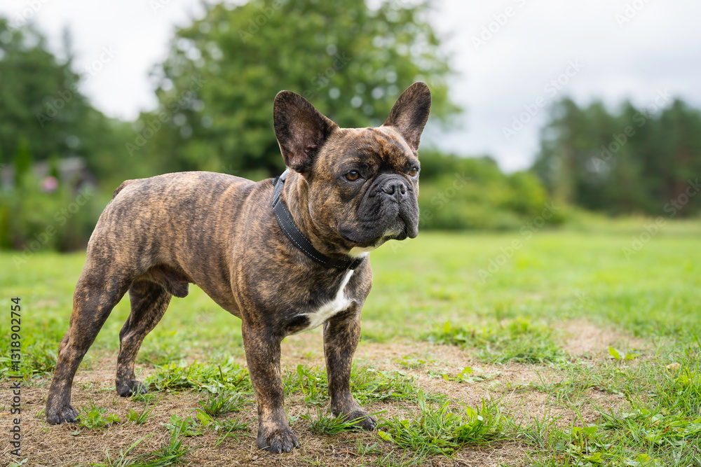 A profile view of a brindle french bulldog dog walking on the grass. Brindle french bulldog standing on grass. Brindle french bulldog on walk outdoors. A profile view of a brindle french bulldog dog walking on the grass. Brindle french bulldog standing on grass. Brindle french bulldog on walk outdoors.