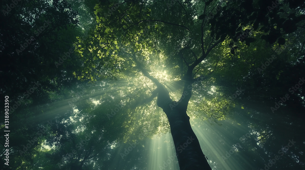 Bottom-up view of green forest canopy, green and sustainable environment, View of sunlight through circular canopy of towering trees, magical forest atmosphere
