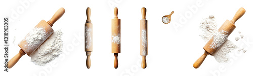 Set of A wooden rolling pin lightly dusted with flour isolated on transparent background, PNG, cut out