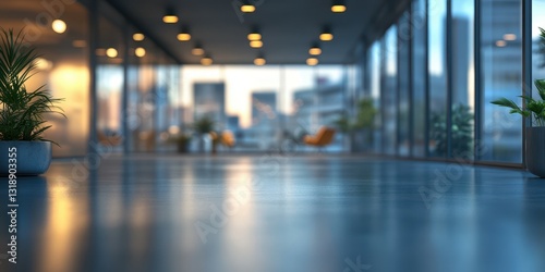 Wallpaper Mural Modern office lobby with plants, blurred background shows city view through large glass windows at sunset Torontodigital.ca