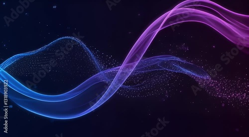 A dark, digital space-themed background featuring flowing purple and blue neon waves. The energy ribbons glow with vibrant intensity on a black backdrop, evoking a sci-fi tech atmosphere.