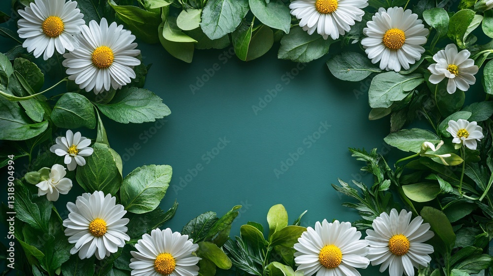 Obraz premium White Daisies and Green Leaves Create a Natural Border Frame