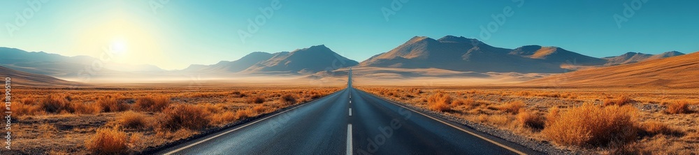 Endless Empty Highway Leading to Majestic Mountains in a Desert. Generative AI Endless Empty Highway Leading to Majestic Mountains in a Desert. Generative AI