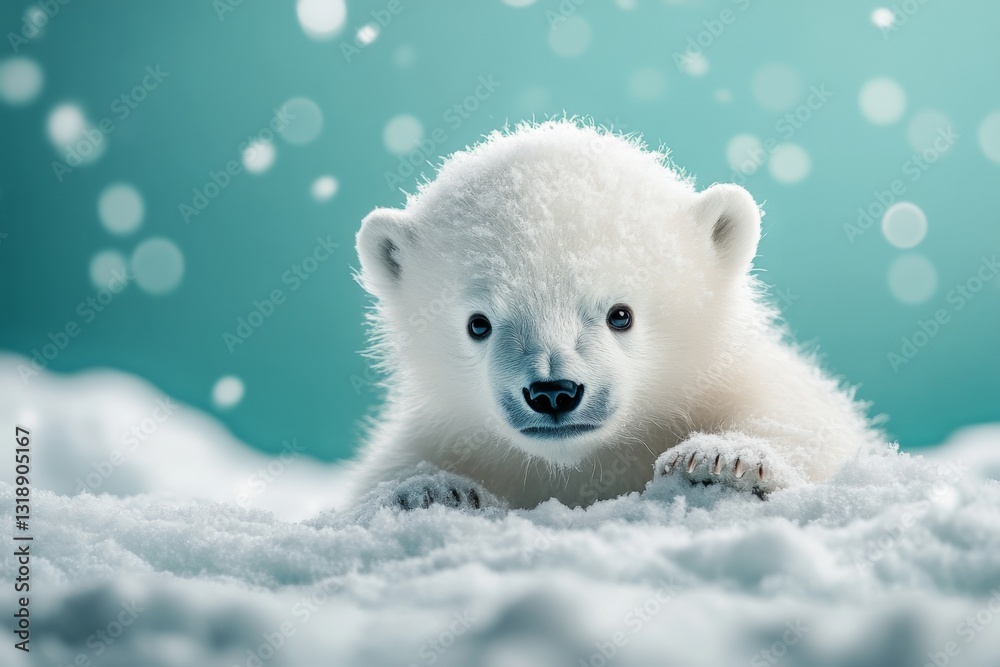 Obraz premium Cute polar bear cub playing in fresh snow with a soft blue background during a winter day