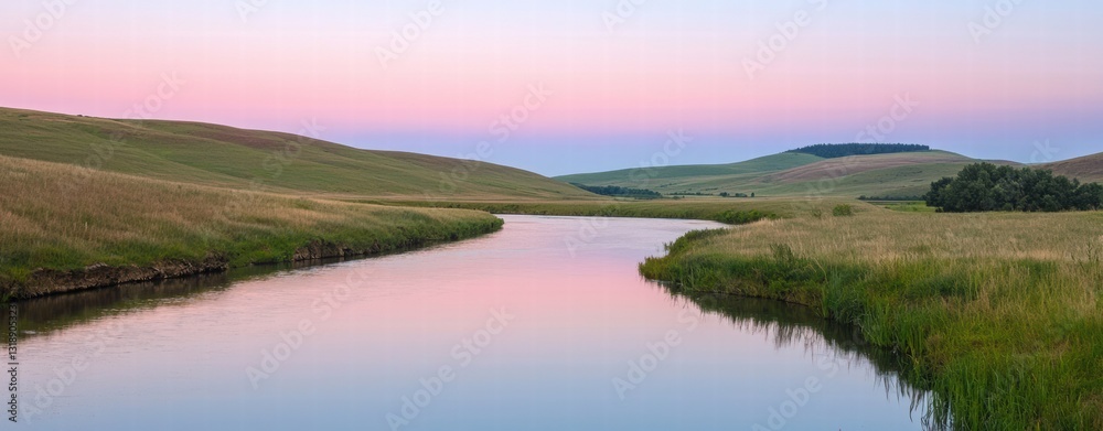 Obraz premium Tranquil River Flowing Through Lush Green Fields at Dusk