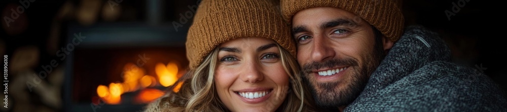 Couple with Winter Hats Smiling by the Fireplace. Generative AI Couple with Winter Hats Smiling by the Fireplace. Generative AI