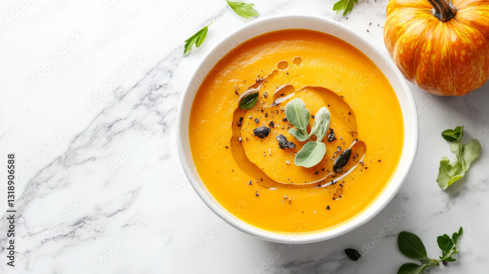 A creamy, silky-textured pumpkin soup elegantly presented on a marble surface--perfect for autumn A creamy, silky-textured pumpkin soup elegantly presented on a marble surface--perfect for autumn