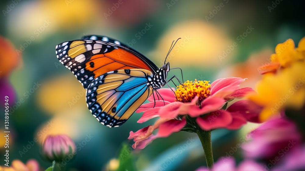 A beautiful butterfly with brightly colored wings sits on a flower, on a blurred background A beautiful butterfly with brightly colored wings sits on a flower, on a blurred background