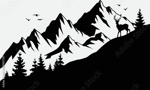 A modern vector-style illustration featuring a black silhouette of a mountain landscape, easily editable.