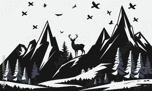 A modern vector-style illustration featuring a black silhouette of a mountain landscape, easily editable.