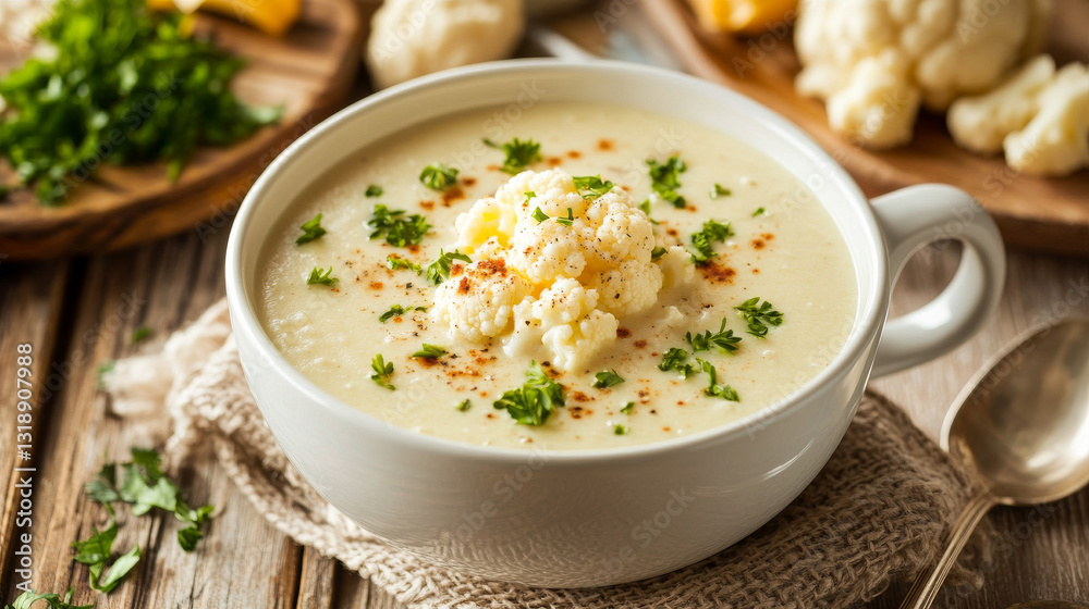 A luscious bowl of cauliflower cheese soup served in a white dish on a wooden background--ideal for vegetarians or those following a healthy diet A luscious bowl of cauliflower cheese soup served in a white dish on a wooden background--ideal for vegetarians or those following a healthy diet