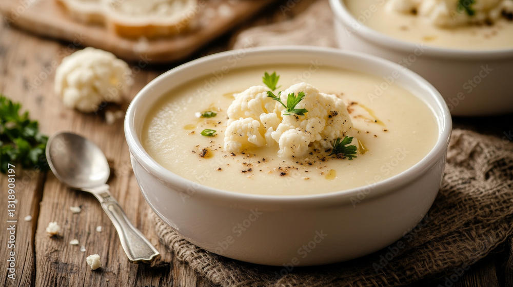 A luscious bowl of cauliflower cheese soup served in a white dish on a wooden background--ideal for vegetarians or those following a healthy diet A luscious bowl of cauliflower cheese soup served in a white dish on a wooden background--ideal for vegetarians or those following a healthy diet