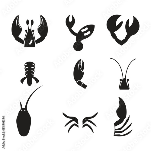 lobster silhouette body parts Icon and Lobster Claw Silhouette Vector Art on White Background. Vector