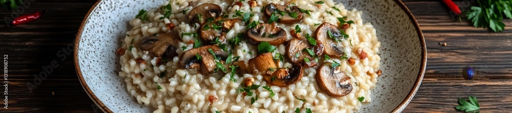 Mushroom risotto with sauteed mushrooms and fresh parsley. Generative AI Mushroom risotto with sauteed mushrooms and fresh parsley. Generative AI