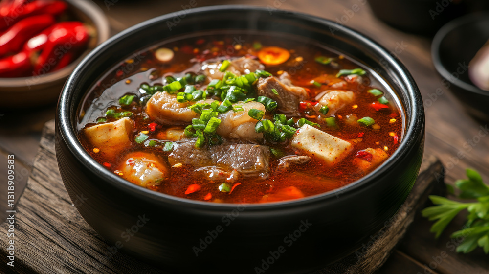 A traditional soup made by simmering meticulously cleaned beef, chicken, or fish intestines with seasonings like red pepper paste, soy sauce, garlic, and ginger A traditional soup made by simmering meticulously cleaned beef, chicken, or fish intestines with seasonings like red pepper paste, soy sauce, garlic, and ginger