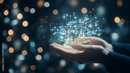Guiding Light: A close-up captures hands delicately cupping a constellation of sparkling light, radiating a sense of wonder, hope, and transformation.