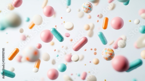 Pharmaceuticals in Motion: An array of colorful pills and capsules floats mid-air, creating a vibrant and dynamic composition, representing healthcare and medication in a unique and eye-catching way.