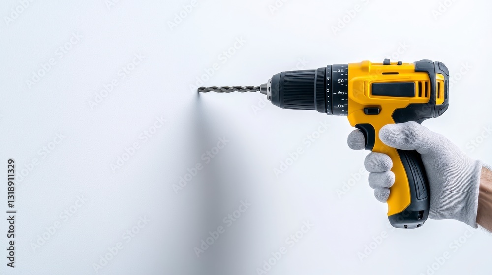Power Tool Precision: A close-up shot capturing the focused action of a hand in a glove holding a power drill as it pierces a wall. Power Tool Precision: A close-up shot capturing the focused action of a hand in a glove holding a power drill as it pierces a wall.