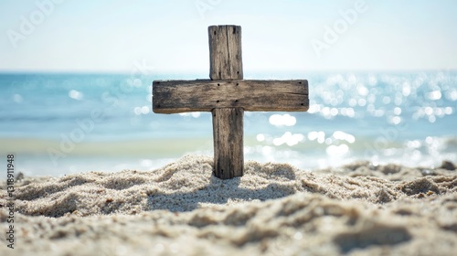 Wooden Cross on Beach: Ocean Horizon 