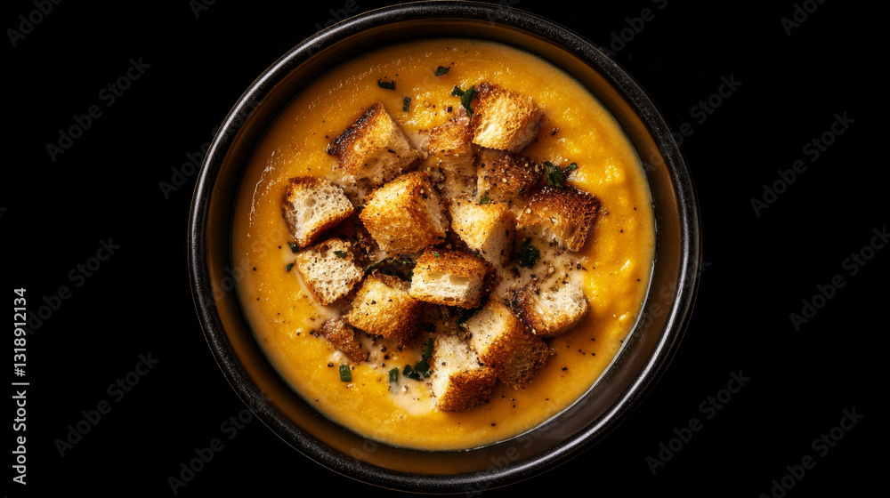 Creamy pumpkin soup topped with bread croutons, served in a bowl against a black background--an inviting seasonal autumn dish captured from a top-down perspective Creamy pumpkin soup topped with bread croutons, served in a bowl against a black background--an inviting seasonal autumn dish captured from a top-down perspective