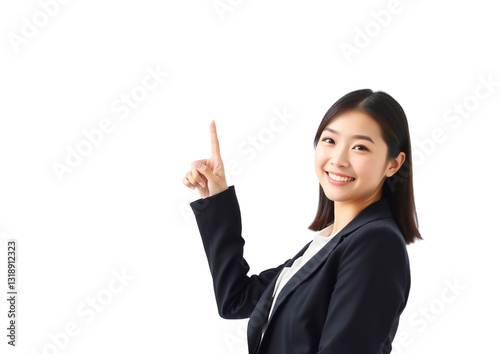 Smiling Business Woman Pointing Up on a White Background