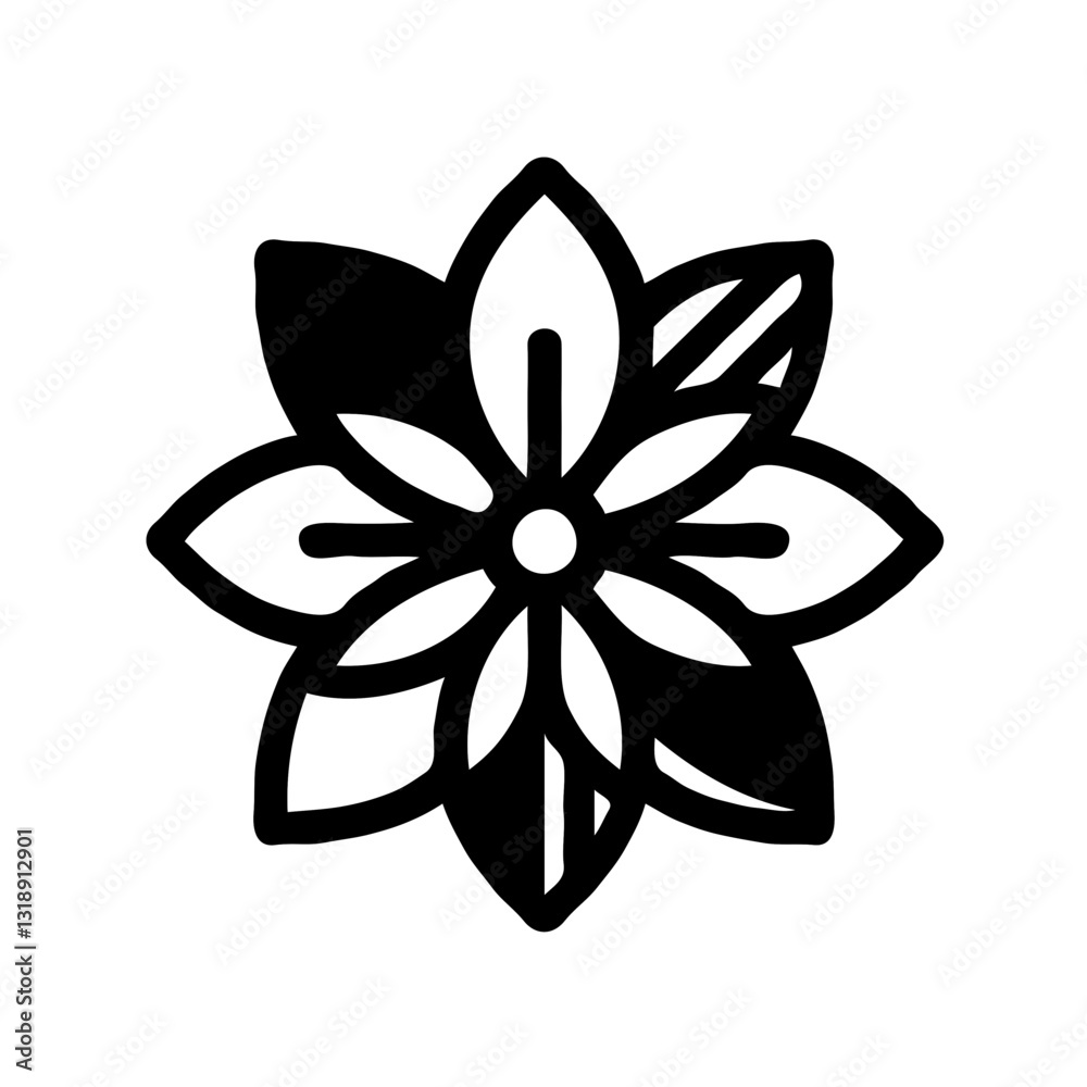 A vector-style illustration of a flower, set against a white background. The flower is depicted in bold lines with solid colors, and there are simple, geometric shapes used for the petals. A vector-style illustration of a flower, set against a white background. The flower is depicted in bold lines with solid colors, and there are simple, geometric shapes used for the petals.