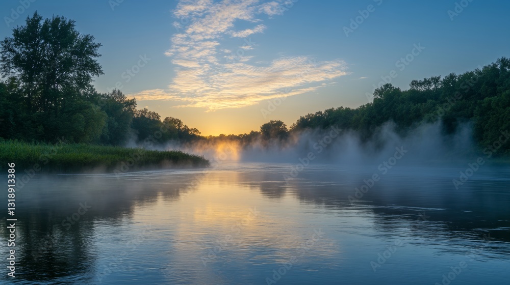 Daybreak mist over a tranquil river with trees and reflective sky Daybreak mist over a tranquil river with trees and reflective sky