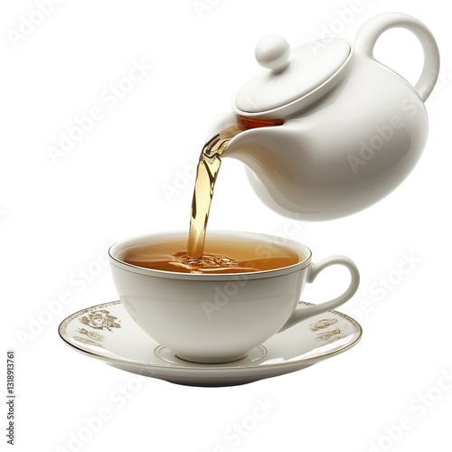 teapot pouring tea into cup on png transparent  background, generate ai