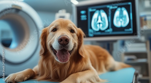 Golden Retriever in Veterinary Exam: A friendly Golden Retriever, with a relaxed expression, undergoes a medical examination in a modern veterinary clinic, with a diagnostic screen in the background.