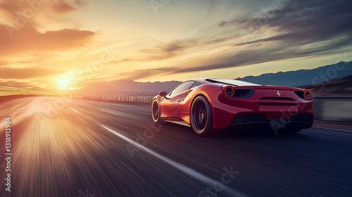 A luxury sports car speeds down an empty highway, with the sun setting in the background.
