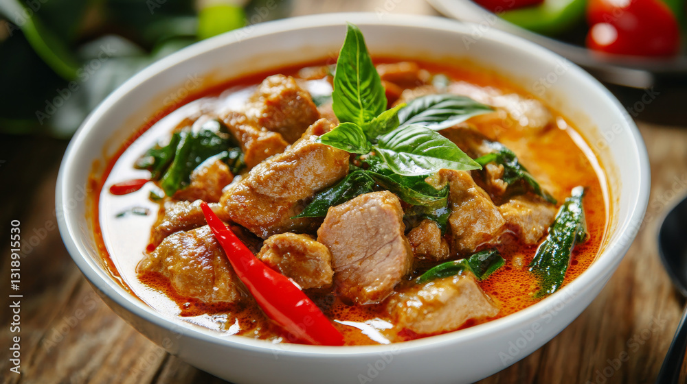 Thai-style Panang curry with pork, elegantly presented in a white bowl atop a wooden table Thai-style Panang curry with pork, elegantly presented in a white bowl atop a wooden table