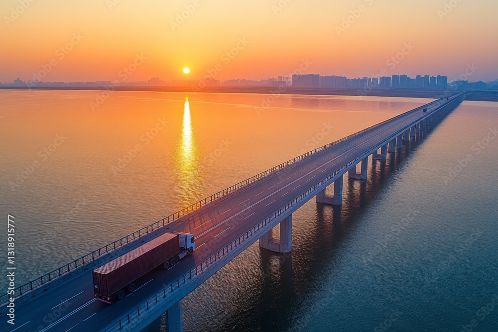 Fototapeta premium Golden Hour Transit: A long truck traverses a bridge over calm waters at sunrise, the sky ablaze with the warm hues of dawn, and city silhouette on horizon.