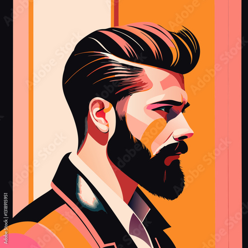 Stylized portrait of a modern man with beard and slicked hairstyle looking to the side, in pop-art digital style with bold colors. Concept: barbershop branding, male grooming, influencer design