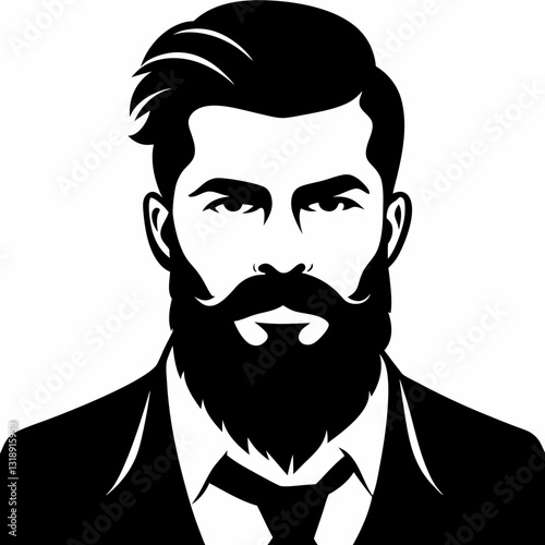 Monochrome bearded man in suit looking straight at camera, expressing calm confidence and masculinity. Concept: male modeling, business branding, barbershop identity