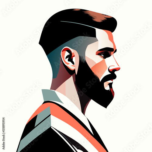 Bearded man with styled hair gazes contemplatively in profile. Bold graphic portrait uses striking red and black tones capturing modern masculinity Concept men's grooming fashion brand creative agency