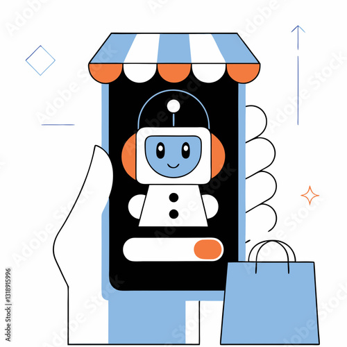 Chatbot inside mobile storefront interface with shopping bag symbolizes AI assistant in ecommerce apps. Concept: retail automation, chatbot UX, digital sales